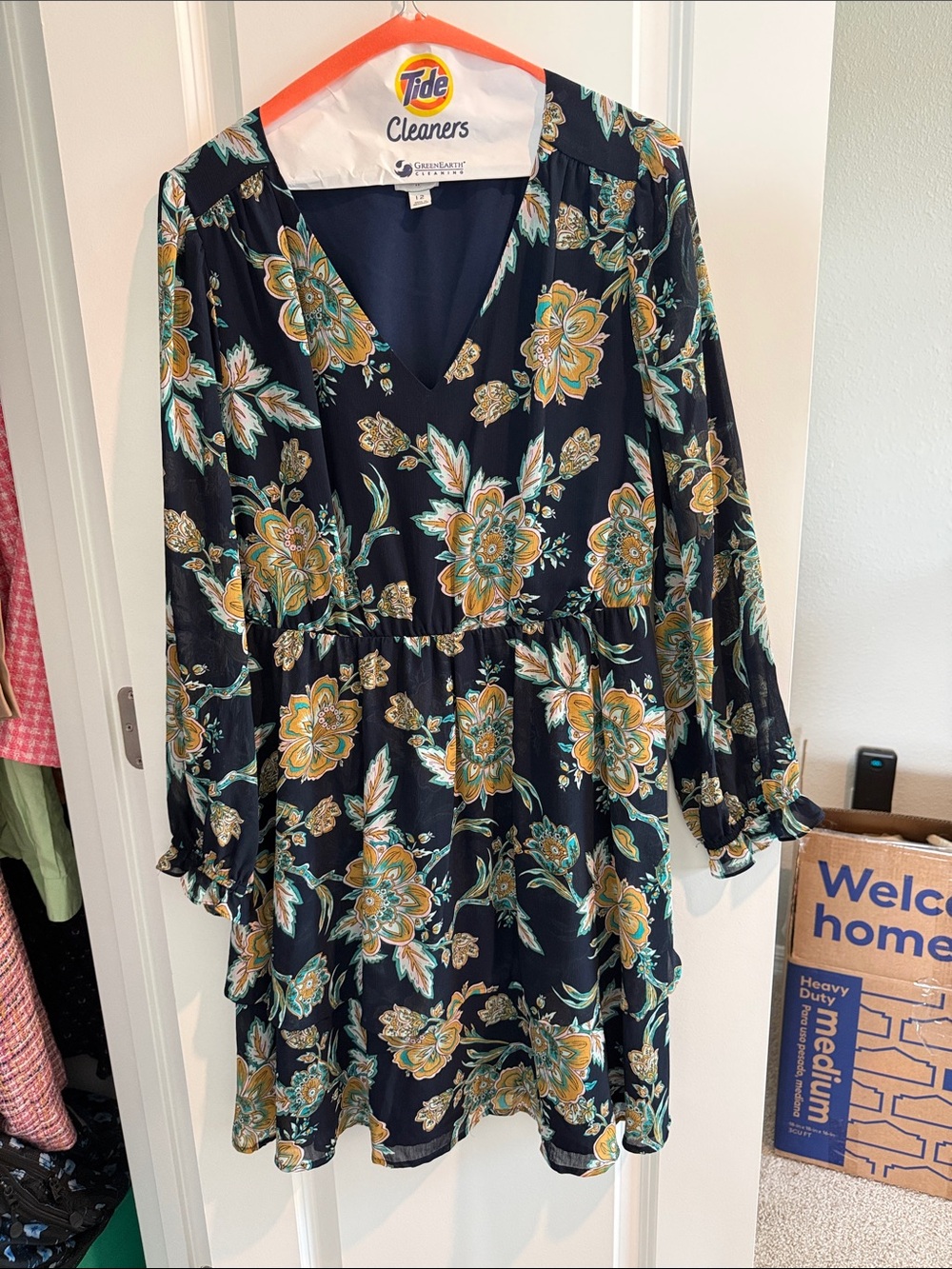 Floral V-Neck Long Sleeve Dress in Black and Mustard